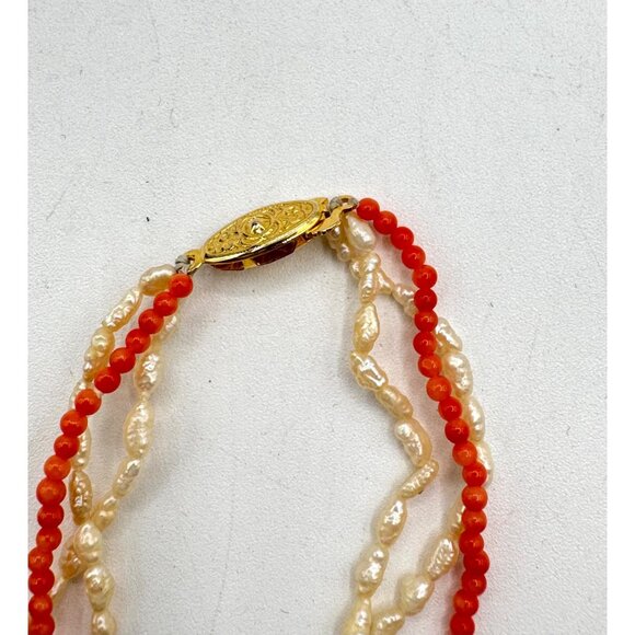 3 Strand Necklace With Coral Beads And Freshwater Pearl Seed Beads Vintage - Picture 5 of 5